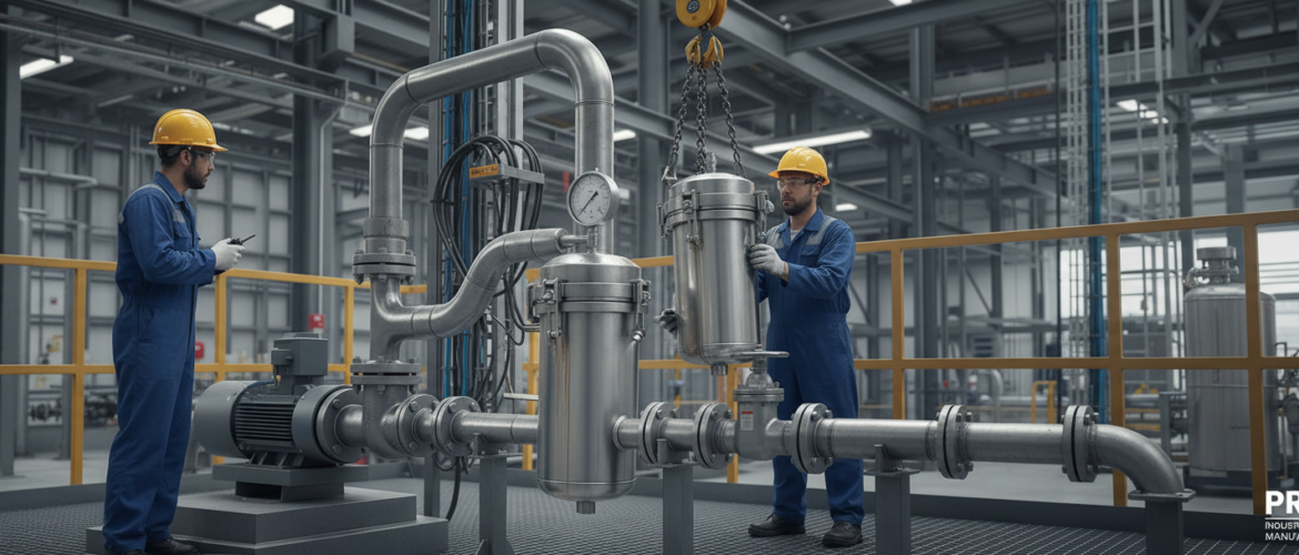 Bag filter housing leakage at outlet flange in industrial filtration skid showing high differential pressure and fluid pooling on platform