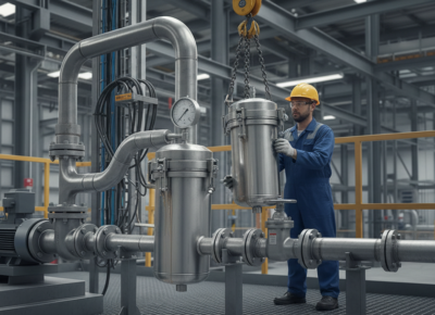 Bag filter housing leakage at outlet flange in industrial filtration skid showing high differential pressure and fluid pooling on platform