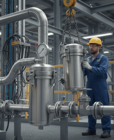 Bag filter housing leakage at outlet flange in industrial filtration skid showing high differential pressure and fluid pooling on platform Bag filter housing leakage at outlet flange in industrial filtration skid showing high differential pressure and fluid pooling on platform