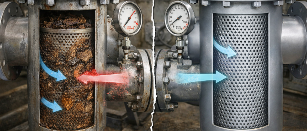 Basket strainer choking in pump suction line showing contamination buildup causing flow restriction and rising differential pressure