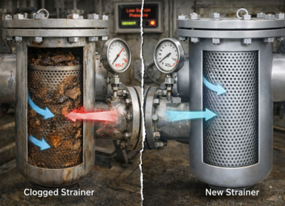 Basket strainer choking in pump suction line showing contamination buildup causing flow restriction and rising differential pressure