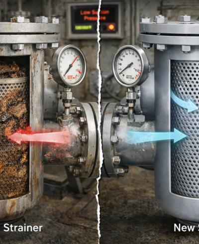 Basket strainer choking in pump suction line showing contamination buildup causing flow restriction and rising differential pressure Basket strainer choking in pump suction line showing contamination buildup causing flow restriction and rising differential pressure