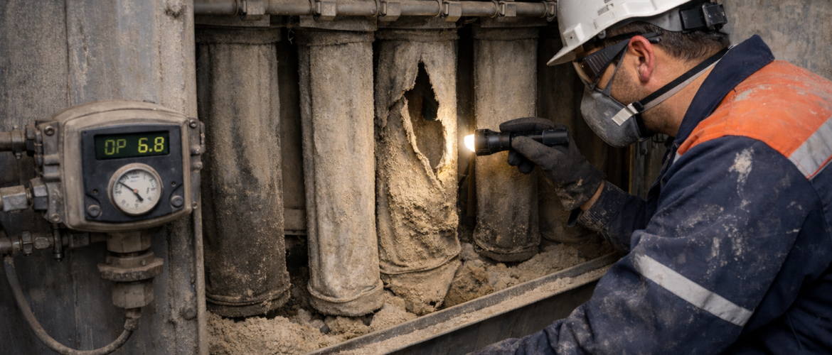 Damaged dust collector filter bag removal from outdoor baghouse unit indicating contamination loading and rising differential pressure in extraction system