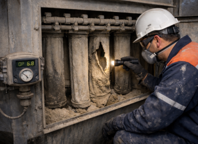 Damaged dust collector filter bag removal from outdoor baghouse unit indicating contamination loading and rising differential pressure in extraction system