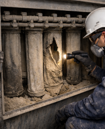 Damaged dust collector filter bag removal from outdoor baghouse unit indicating contamination loading and rising differential pressure in extraction system Damaged dust collector filter bag removal from outdoor baghouse unit indicating contamination loading and rising differential pressure in extraction system