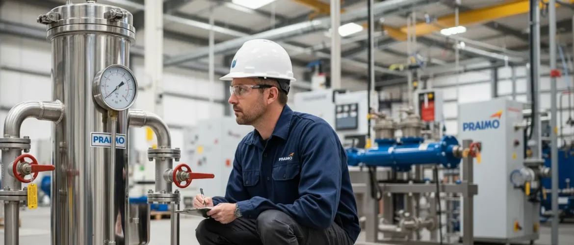 Horizontal cartridge filter housing choking in industrial process pipeline showing contamination buildup and rising differential pressure during maintenance inspection