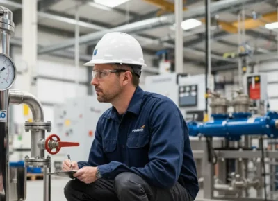 Horizontal cartridge filter housing choking in industrial process pipeline showing contamination buildup and rising differential pressure during maintenance inspection