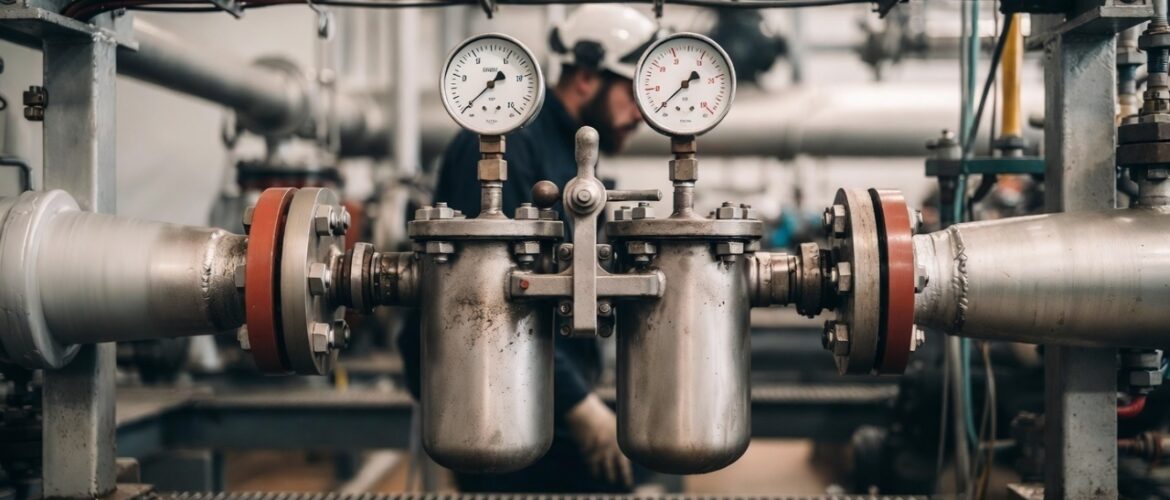 Industrial duplex strainer with incomplete chamber isolation causing flow disturbance and rising differential pressure in process filtration system