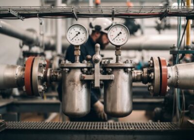 Industrial duplex strainer with incomplete chamber isolation causing flow disturbance and rising differential pressure in process filtration system