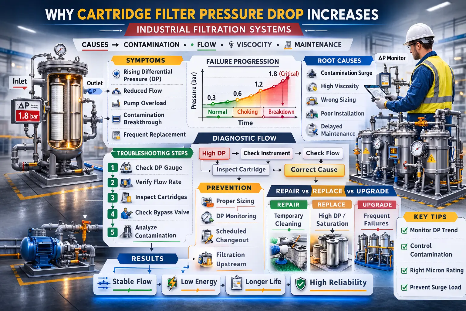 Industrial cartridge filter housing differential pressure monitoring
